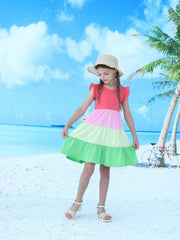 Girls Ruffled Sleeves Crew Neck Block Cotton Loose Dress