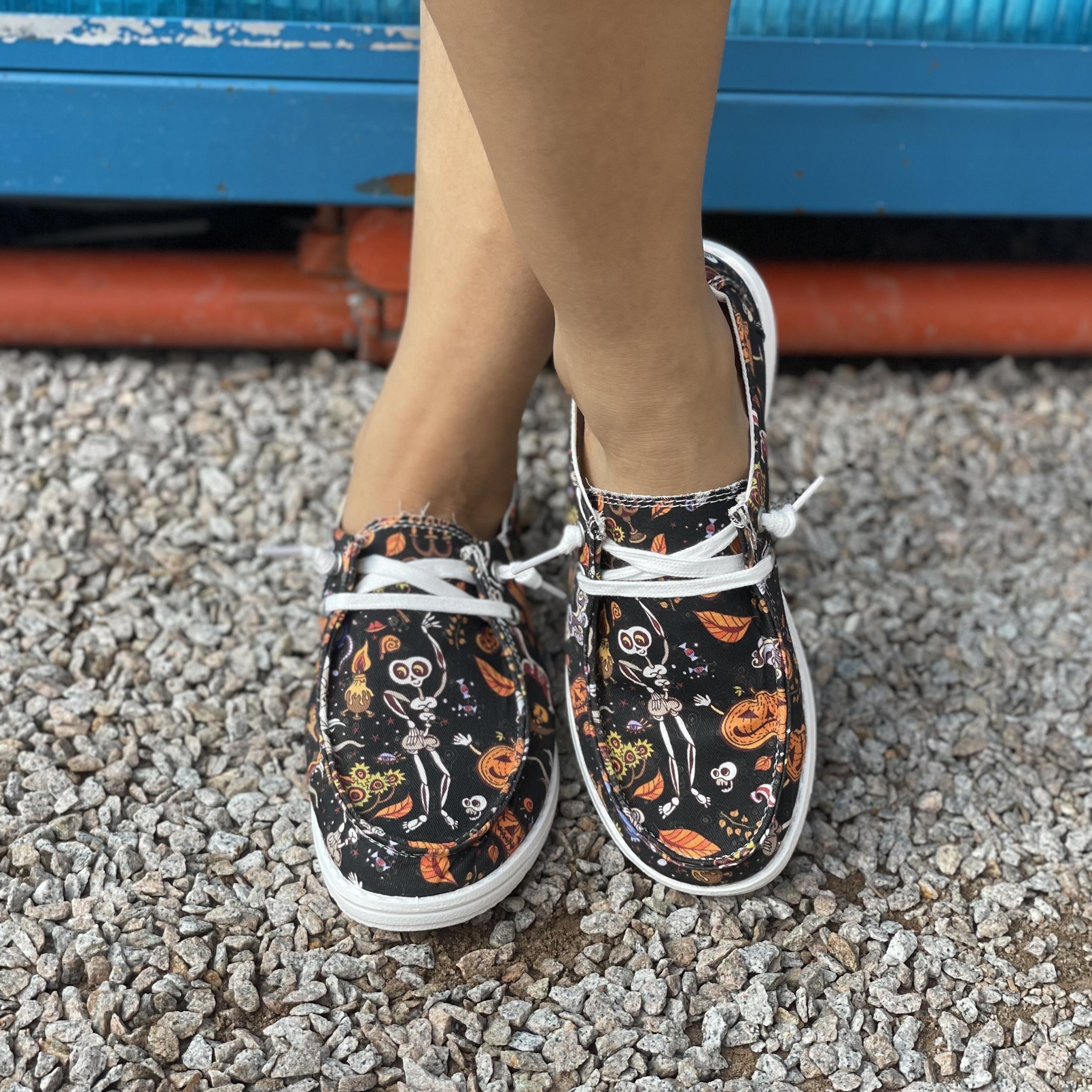 Skull & Pumpkin Canvas Slip-On Shoes Lightweight Flat Comfy Halloween