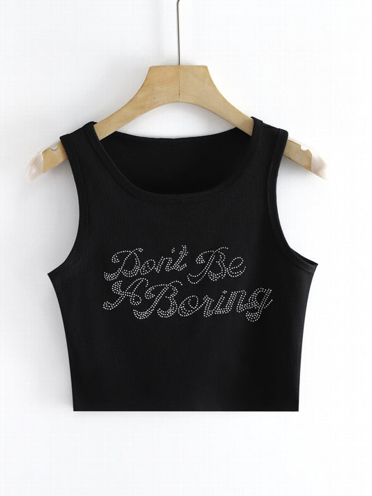 Rhinestone Letter Crop Tank Top Basic Stretch Summer Gym Yoga Tank Top