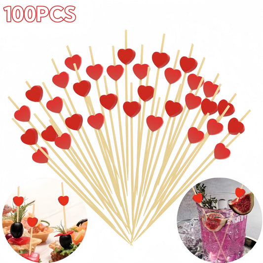 100 Red Heart Cocktail Picks Bamboo Skewers for Wedding Party Food Fruit Drinks