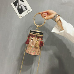 Wild Grass Woven Shoulder Bag with Chain Strap and Tassel