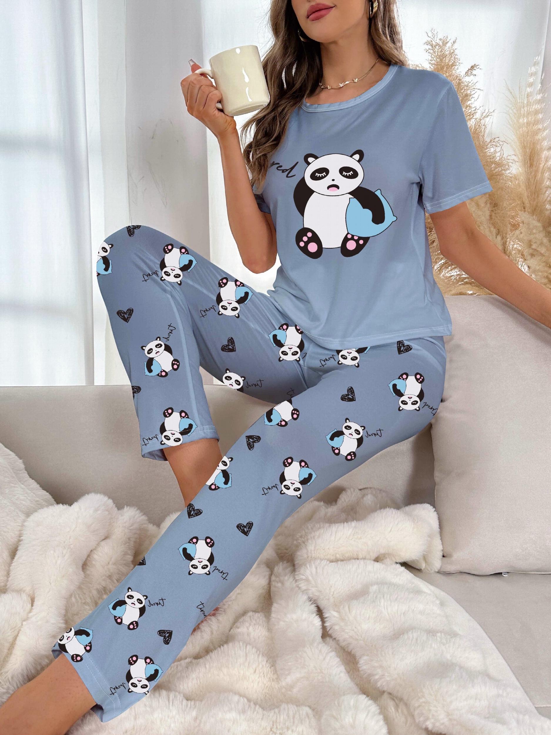 Panda Print Pajama Set Short Sleeve Crew Neck Top & Pants