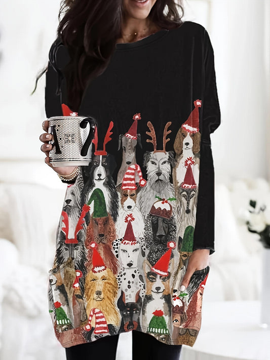 Women's Plus Graphic Print Long Sleeve Tunic Top With Pockets