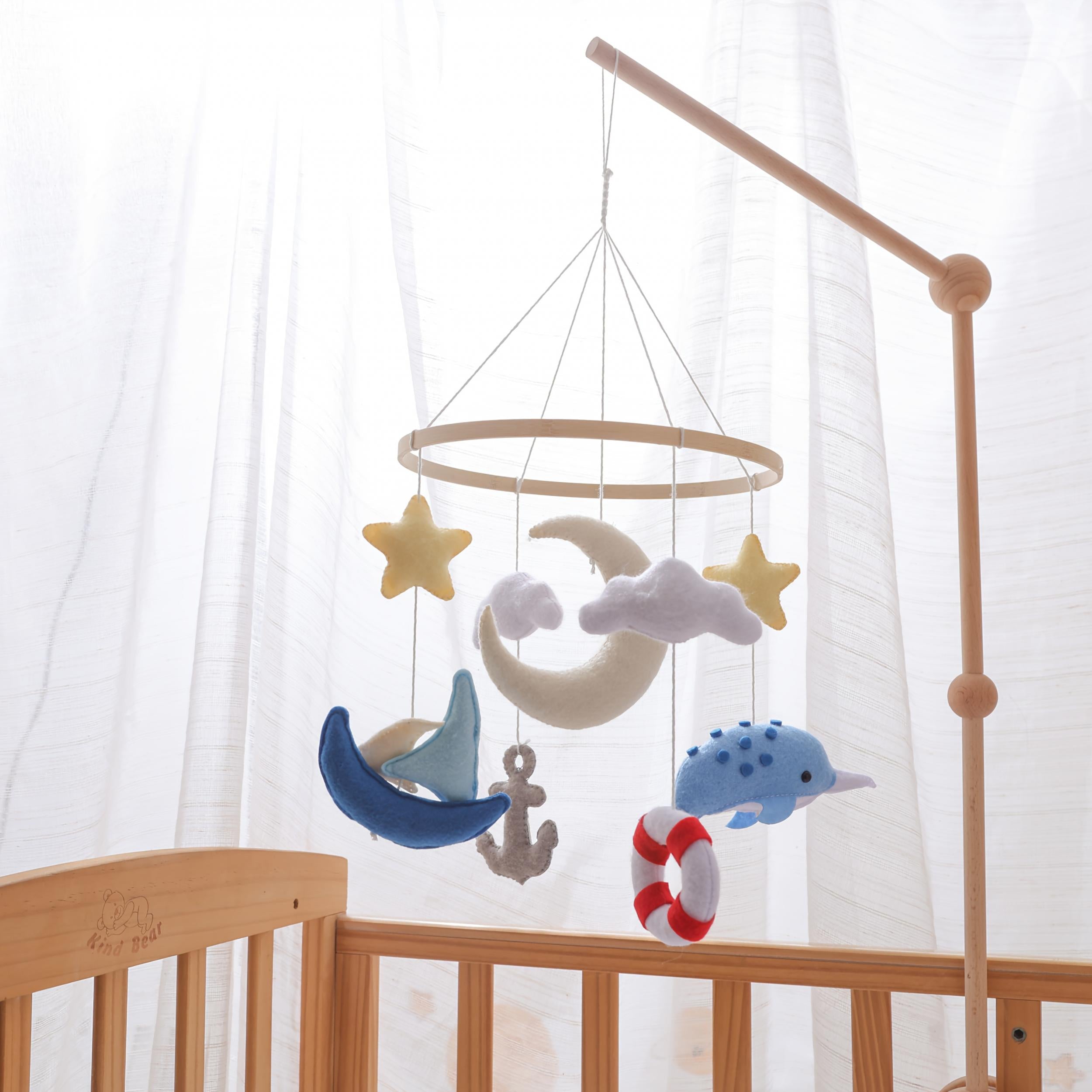 Handcrafted Multicolor Beach Sailboat & Dolphin Mobile Textile Bed Bell