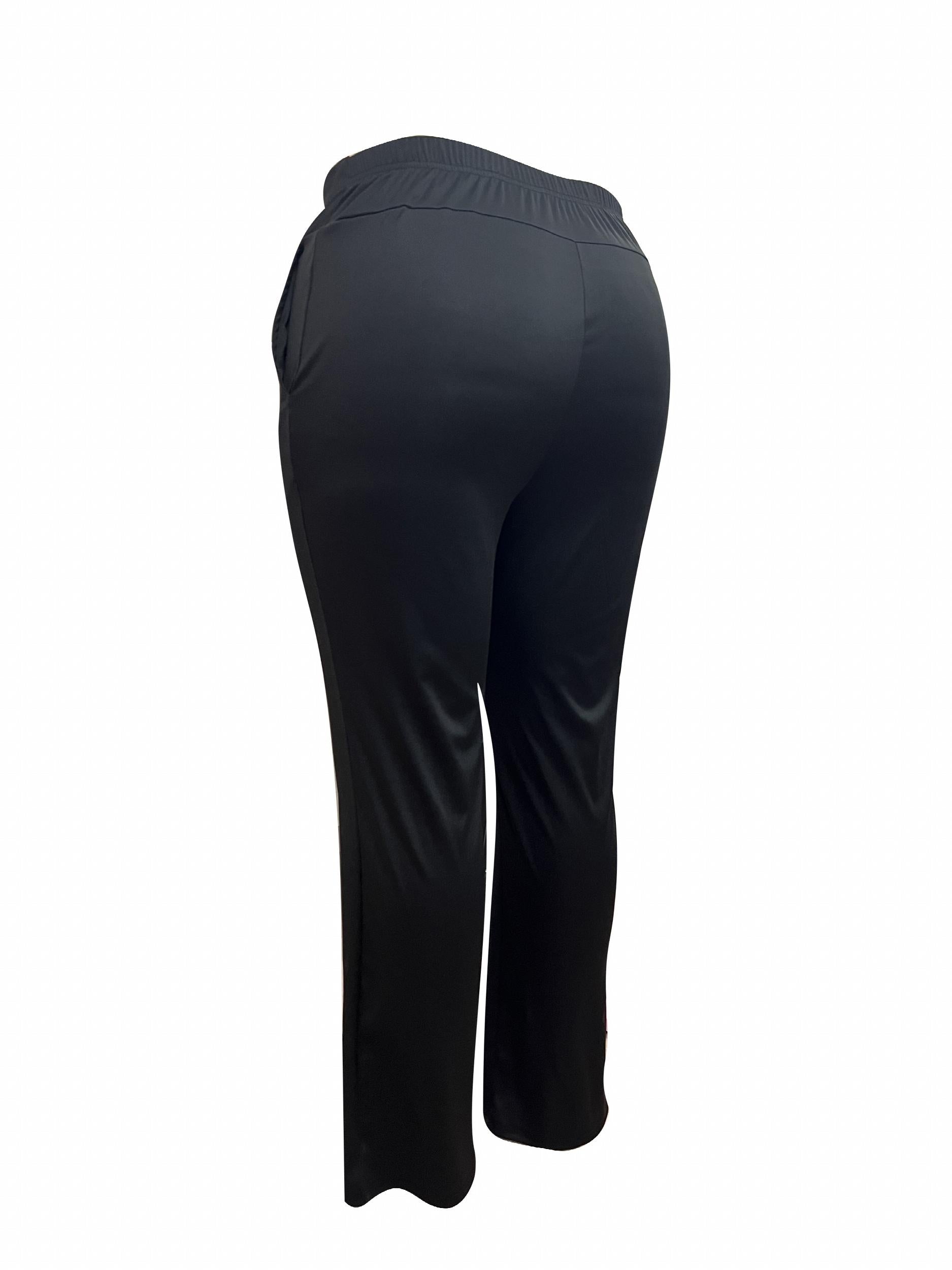  Solid Elastic High Rise Straight Leg Trousers With Pockets