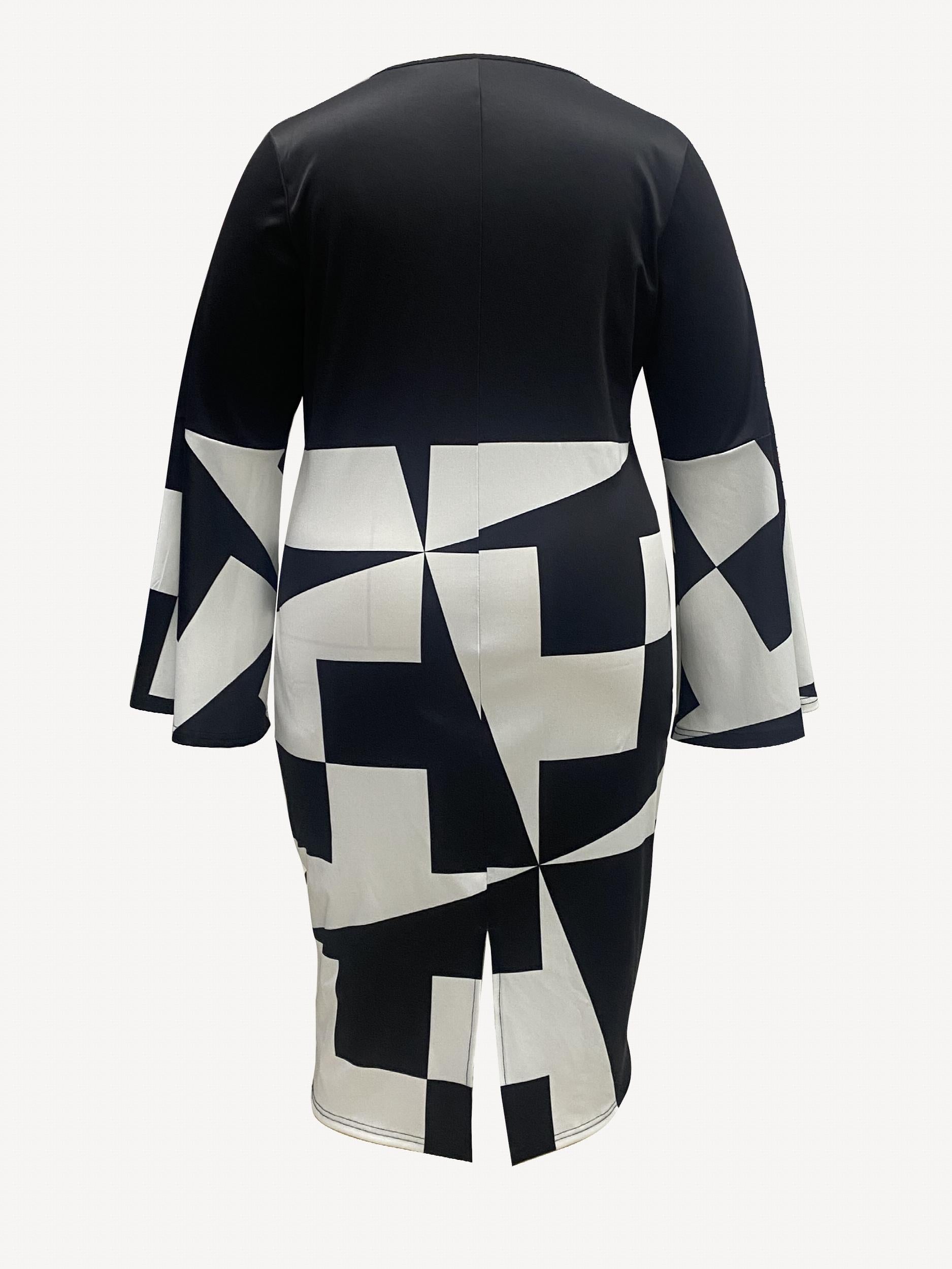  Colorblock Geometric Print Bell Sleeve Round Neck Midi Dress