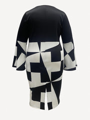  Colorblock Geometric Print Bell Sleeve Round Neck Midi Dress