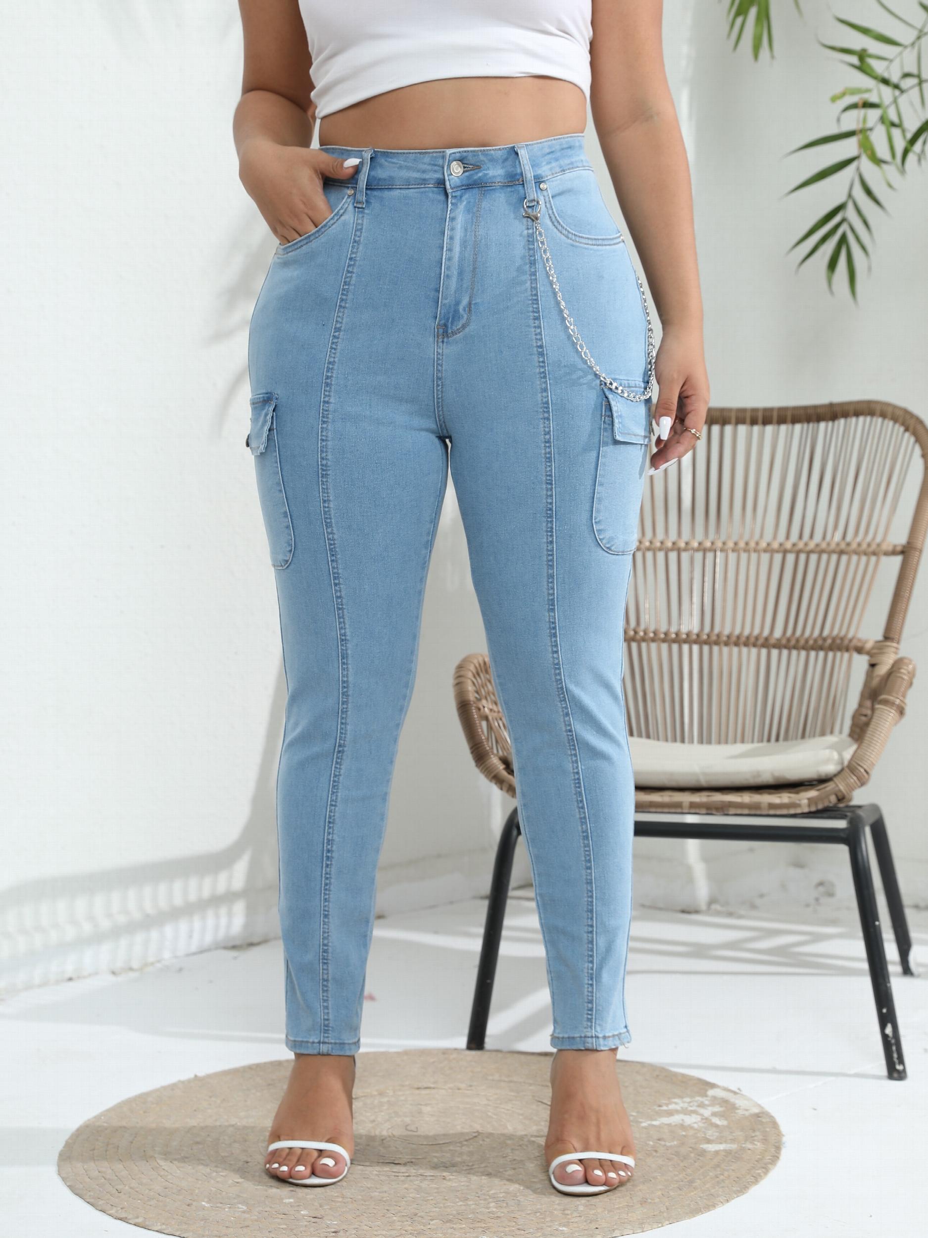  Solid High Rise Skinny Cargo Jeans With Pockets
