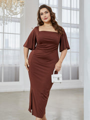  Dress Women's Plus Solid Butterfly Sleeve Square Neck