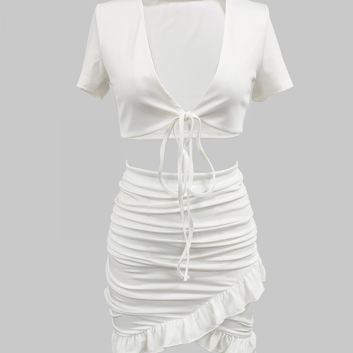Casual Tie Front Short Sleeve Top & Ruched Bag Hip Skirt Set