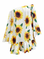 Sunflower Print One Shoulder Bell Sleeve Mini Dress
