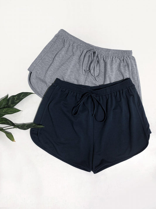2 Pcs Plus Size Basic Shorts Set - Women's Plus Solid Drawstring Elastic