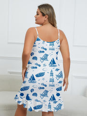  Boho Loungewear Dress - Beach Print Ruffle Trim Sleep Dress