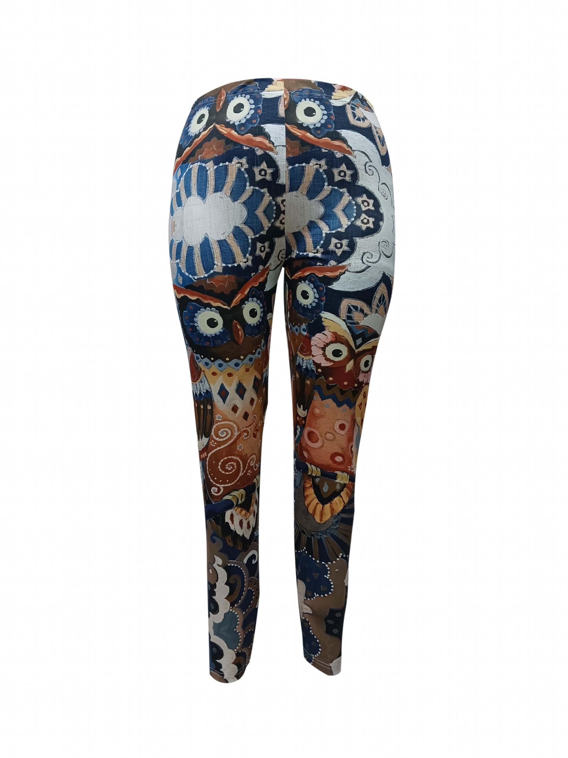  Tribal & Owl Print Elastic High Rise Skinny Pants