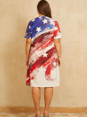  Colorblock Geometric Print Short Sleeve Dress with Pockets