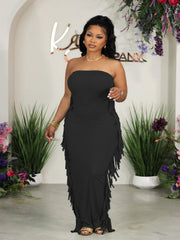  Solid Fringe Maxi Tube Dress