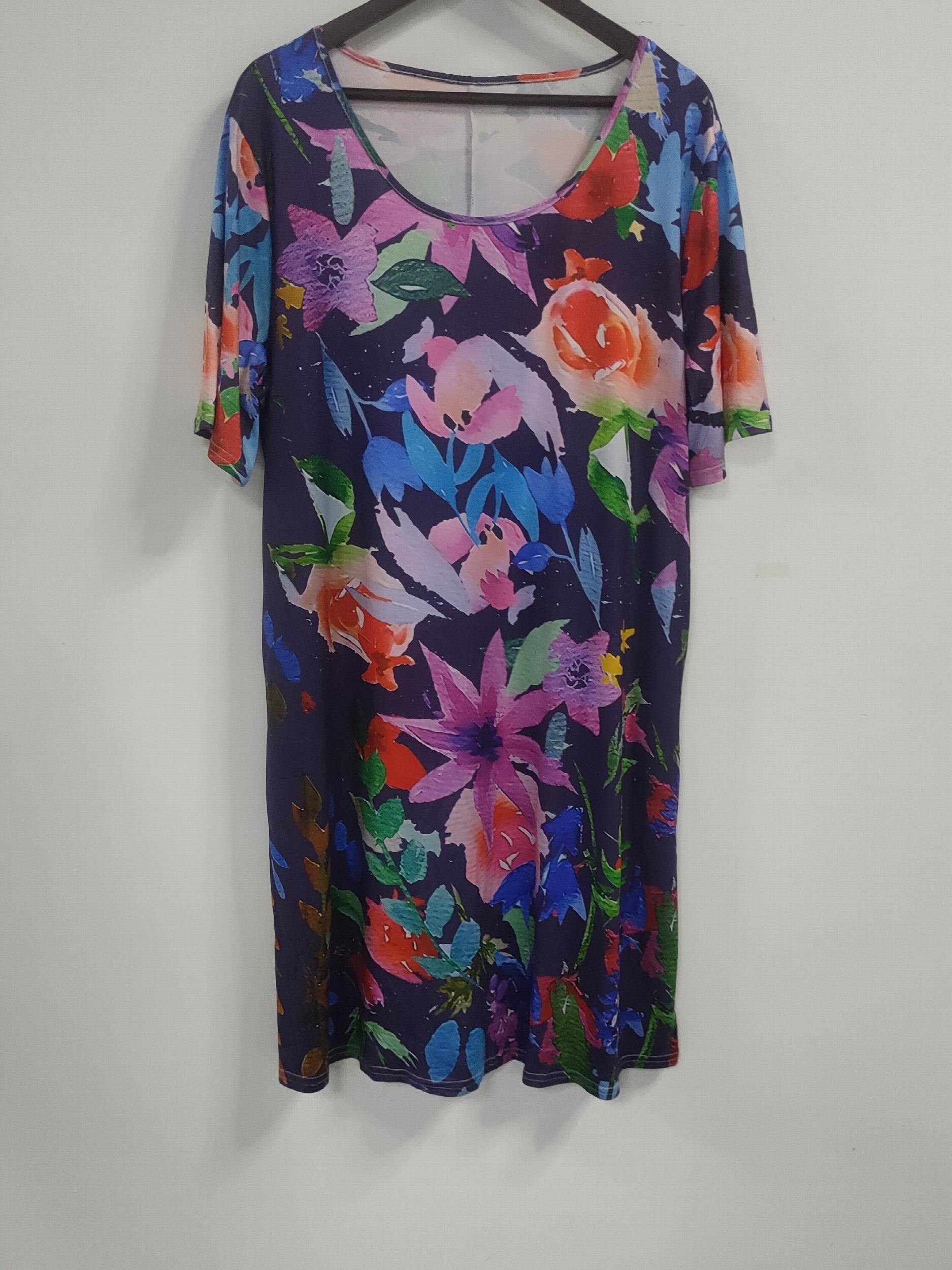  Floral Print Short Sleeve Tee Dress With Pockets