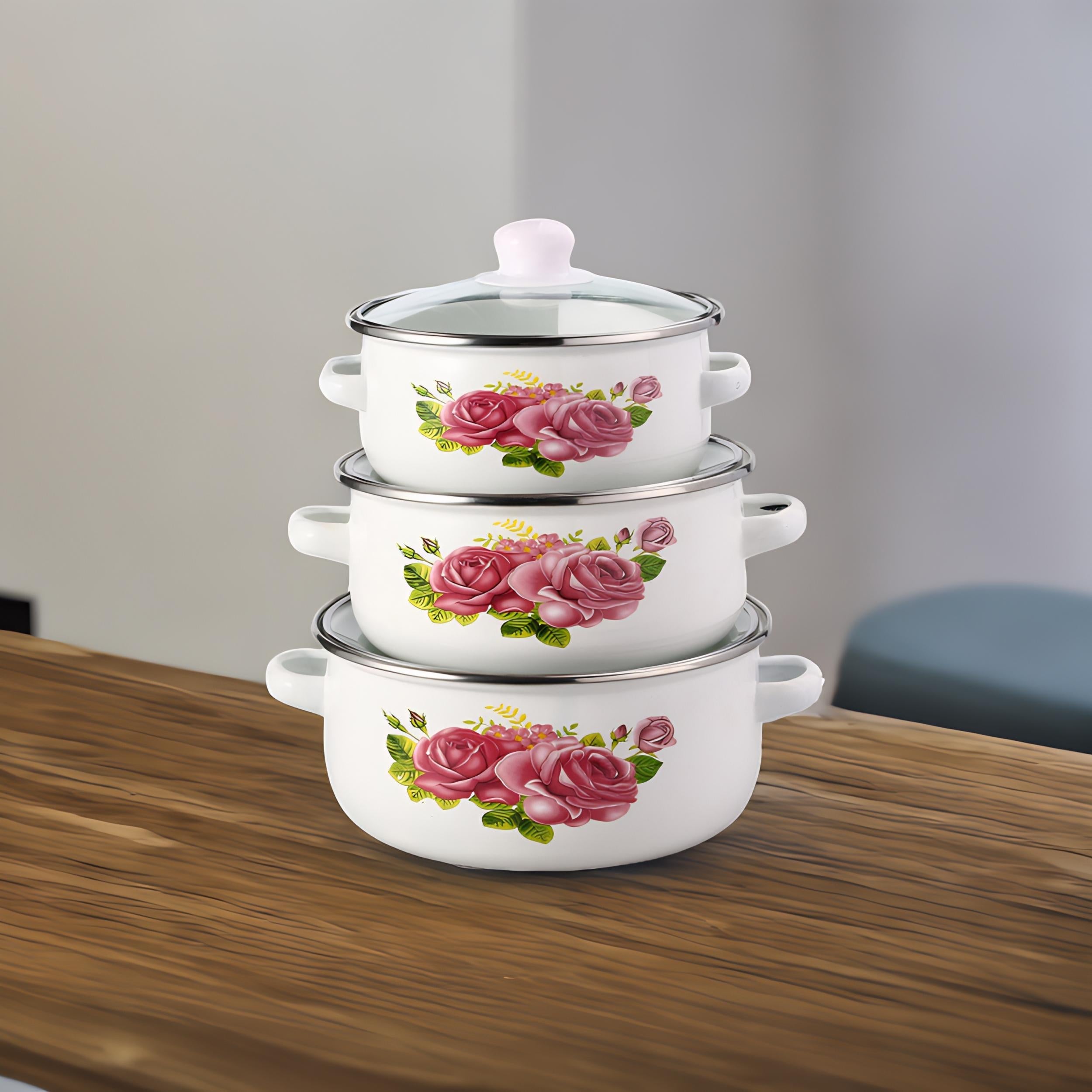 3pcs Enamel Soup Pot Barbecue Pot Stew Pot Set