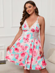  Floral Print Lace V Neck Cami Sleep Dress