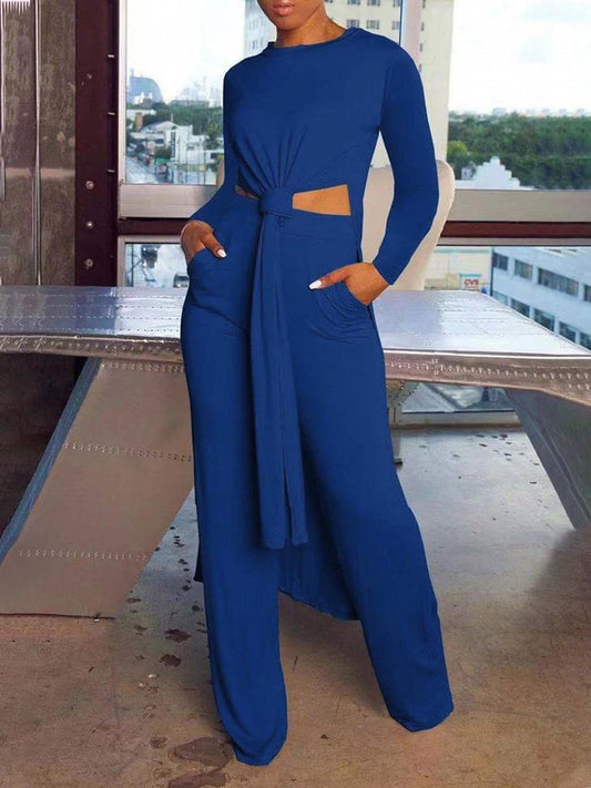  Solid Long Sleeve Round Neck Tunic Top & Pants Set