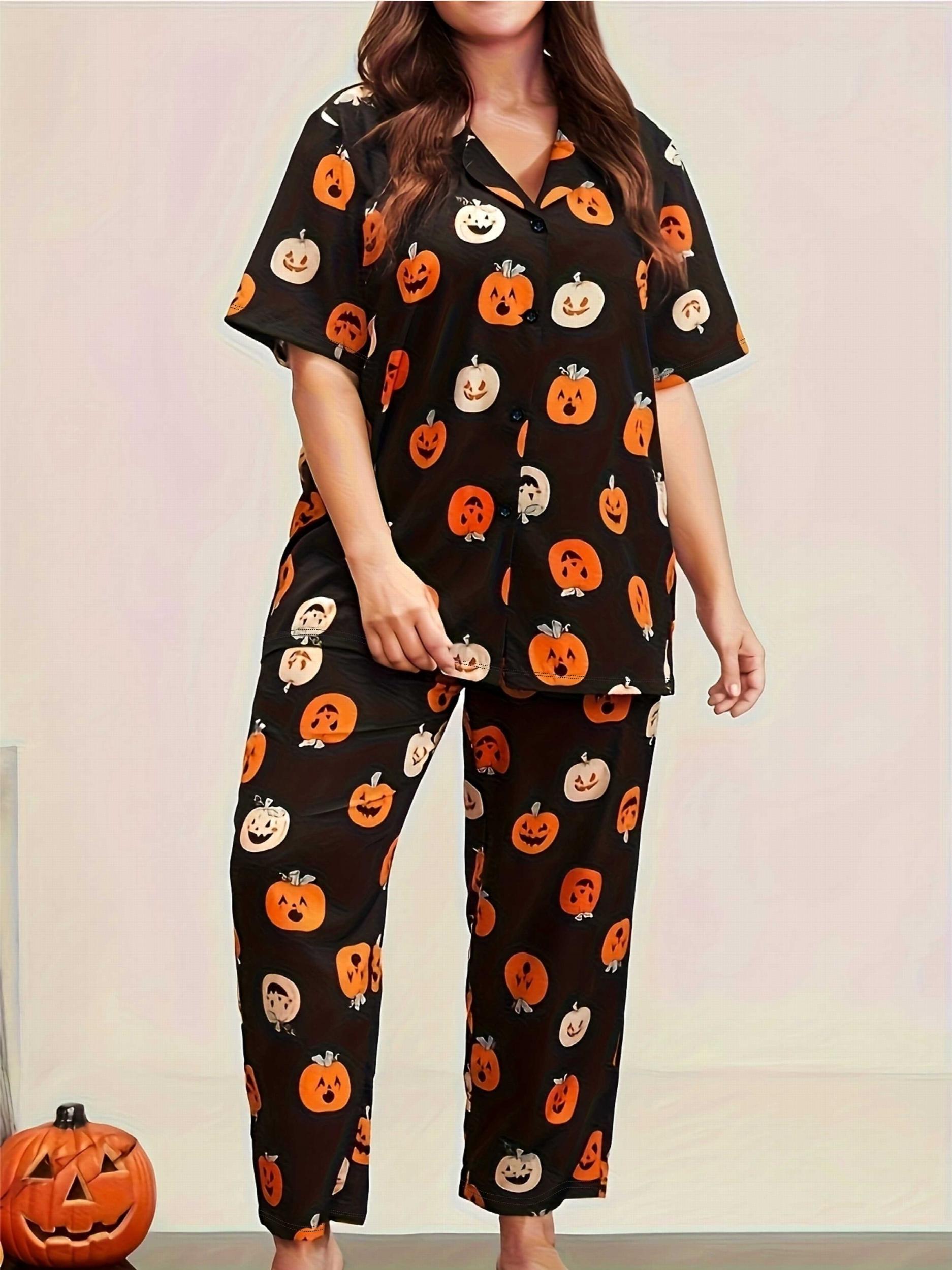 Halloween Pumpkin Pajama Set Short Sleeve Button Up