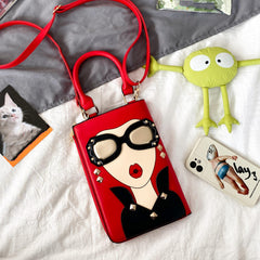 Lady Face Novelty Crossbody Bag PU Leather Textured Phone Bag