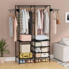 Metal Clothes Storage Rack with Shoe Storage and Hooks