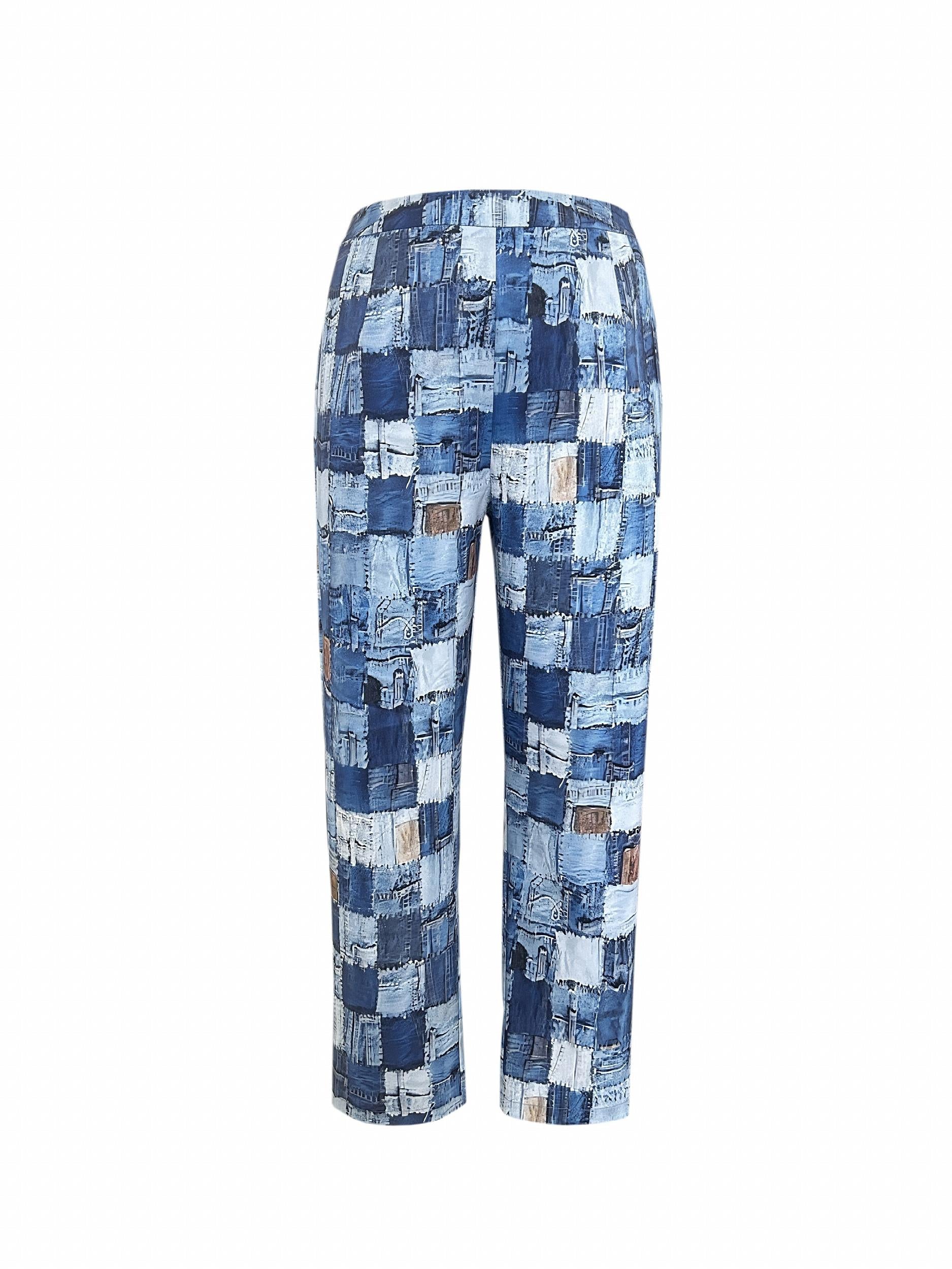  Colorblock Denim Print Stretch Trousers
