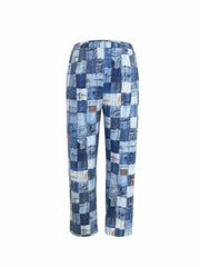  Colorblock Denim Print Stretch Trousers