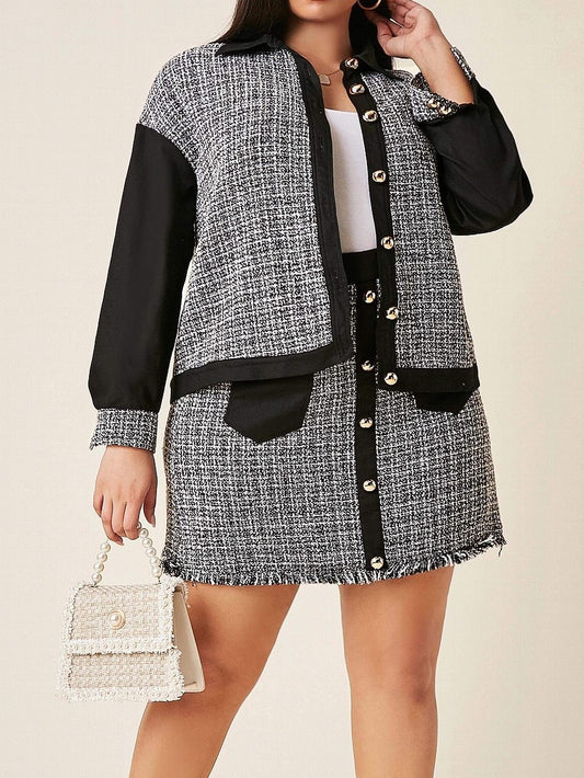  Colorblock Tweed Long Sleeve Coat & Midi Skirt Outfit Set