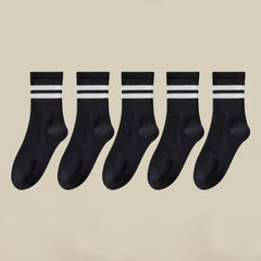 5 Pairs Stripe Print Ribbed Socks Soft Mid Tube Women's Stockings