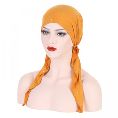 Rhinestone Decor Turban Cap Lace Up Headwrap Beanie Bandana Chemo Hats