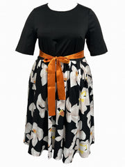  Colorblock Floral Print Belted Midi Dress