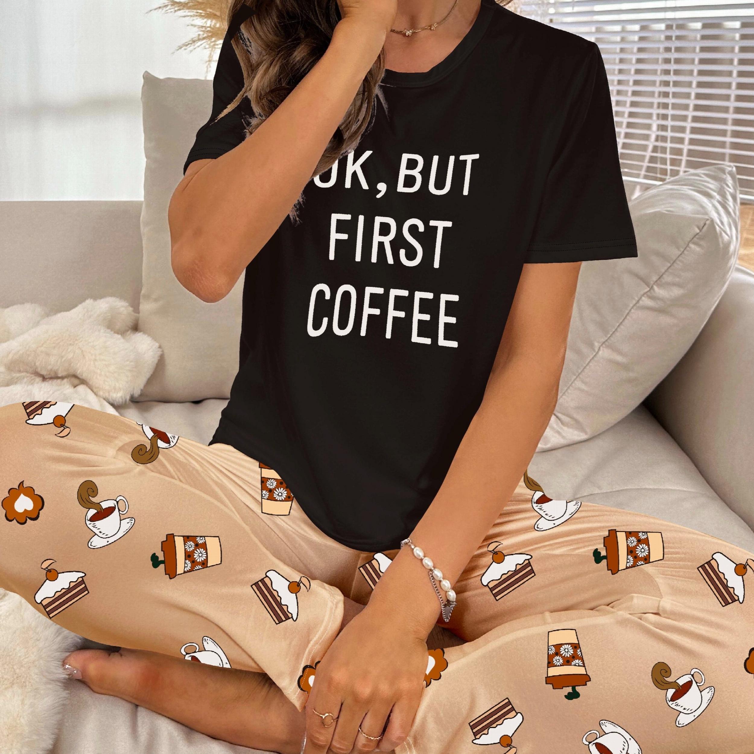 Letter Print Pajama Set Short Sleeve Top & Pants Sleepwear