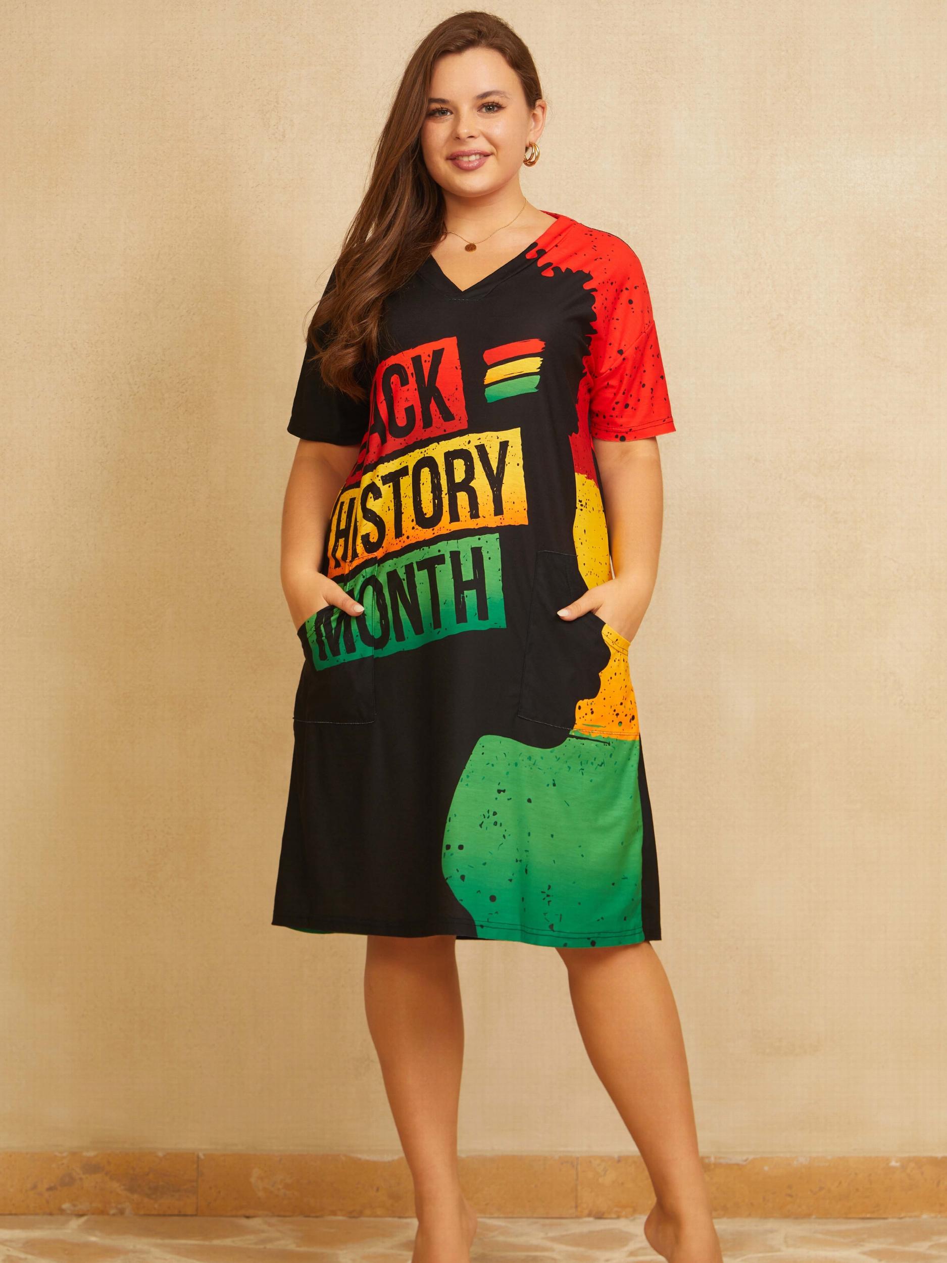  Cartoon Print Colorblock V Neck Tee Dress