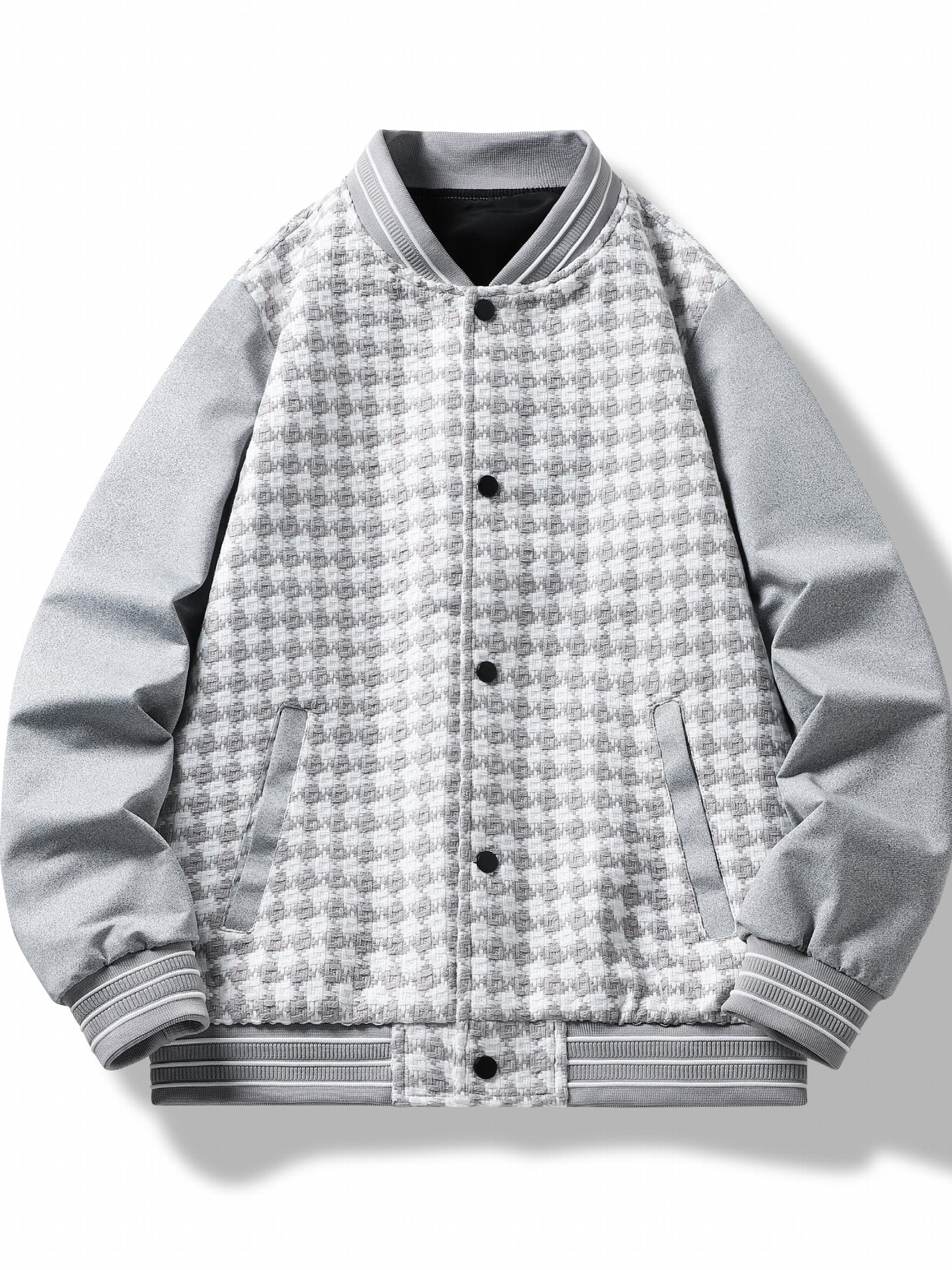 Checkerboard Pattern Varsity Jacket Men's Casual Baseball Collar Button Up Jacke