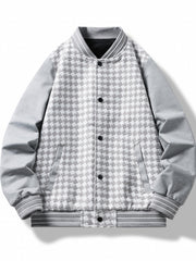 Checkerboard Pattern Varsity Jacket Men's Casual Baseball Collar Button Up Jacke