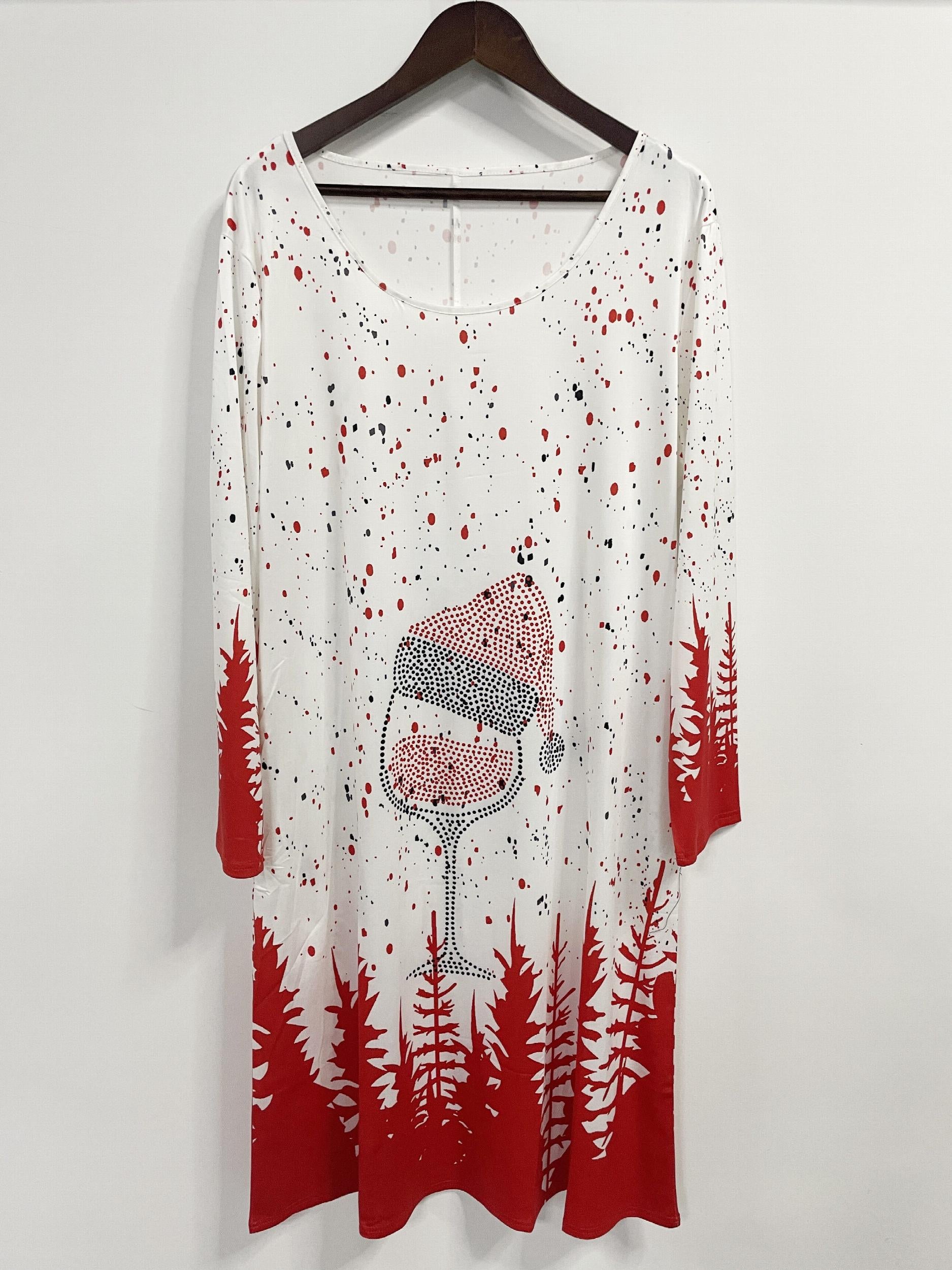 Women's Plus Christmas Dress with Hat & Tree Print