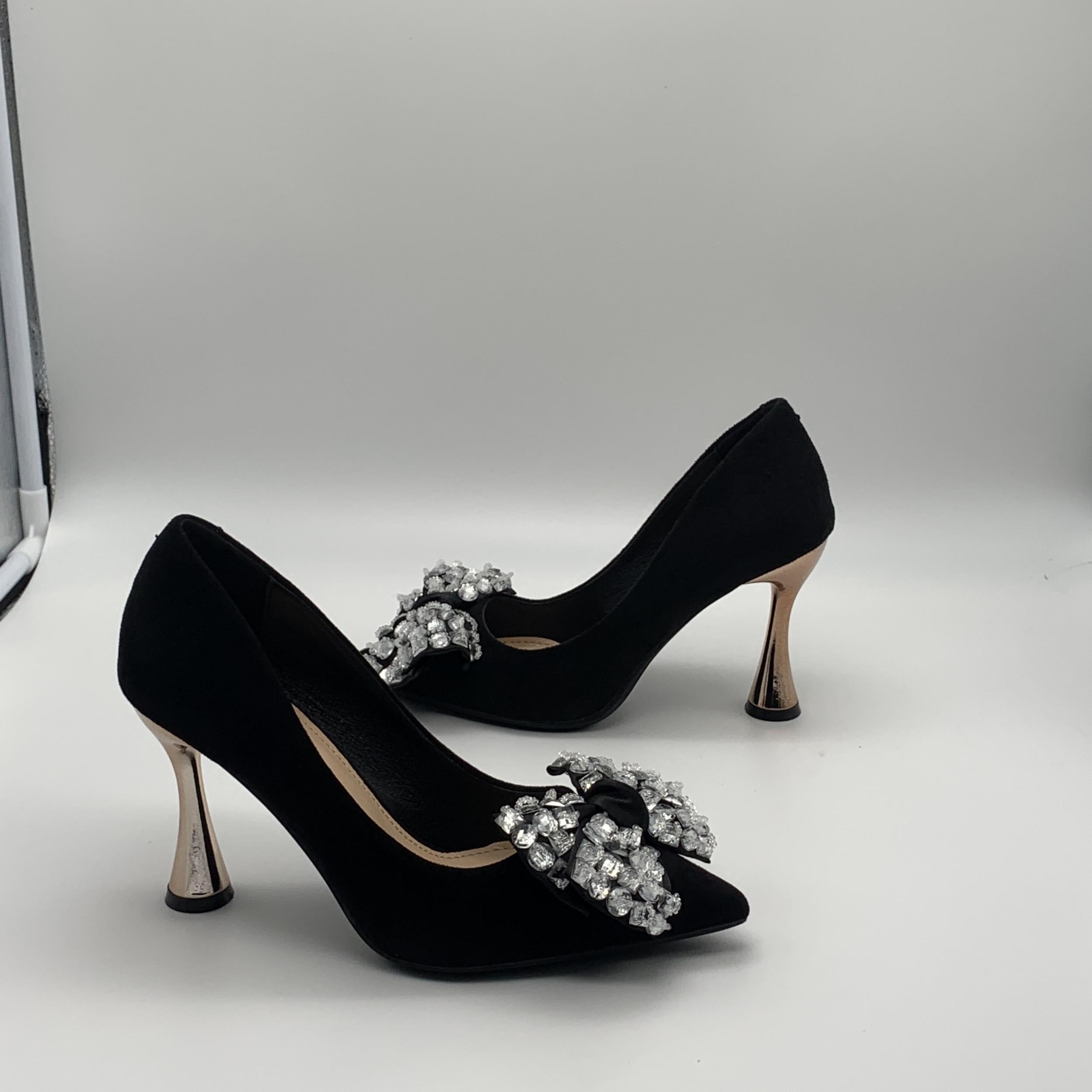Rhinestone Bow High Heel Pointy Pumps Slip On Dress Shoes