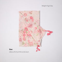 Rose Print Long Scarf Pink Tassel Shawl Windproof Head Wrap