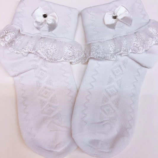 Girls Lace Brim Socks w/ Rhinestone Bow, Soft Elastic Princess Crew Socks