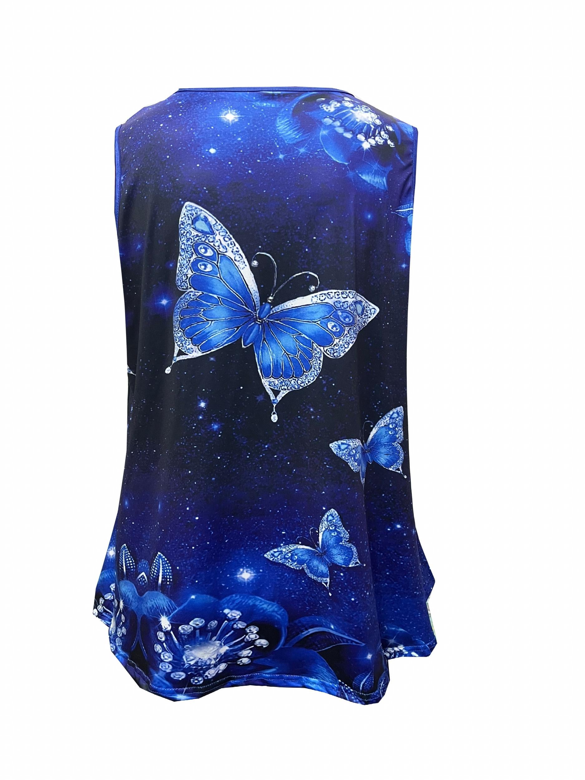 Butterfly Print Zipper V Neck Plus Size Tank Top