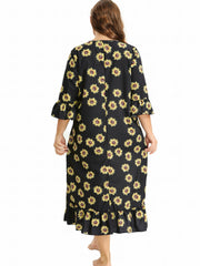  Sunflower Print Ruffle Trim Sleep Dress
