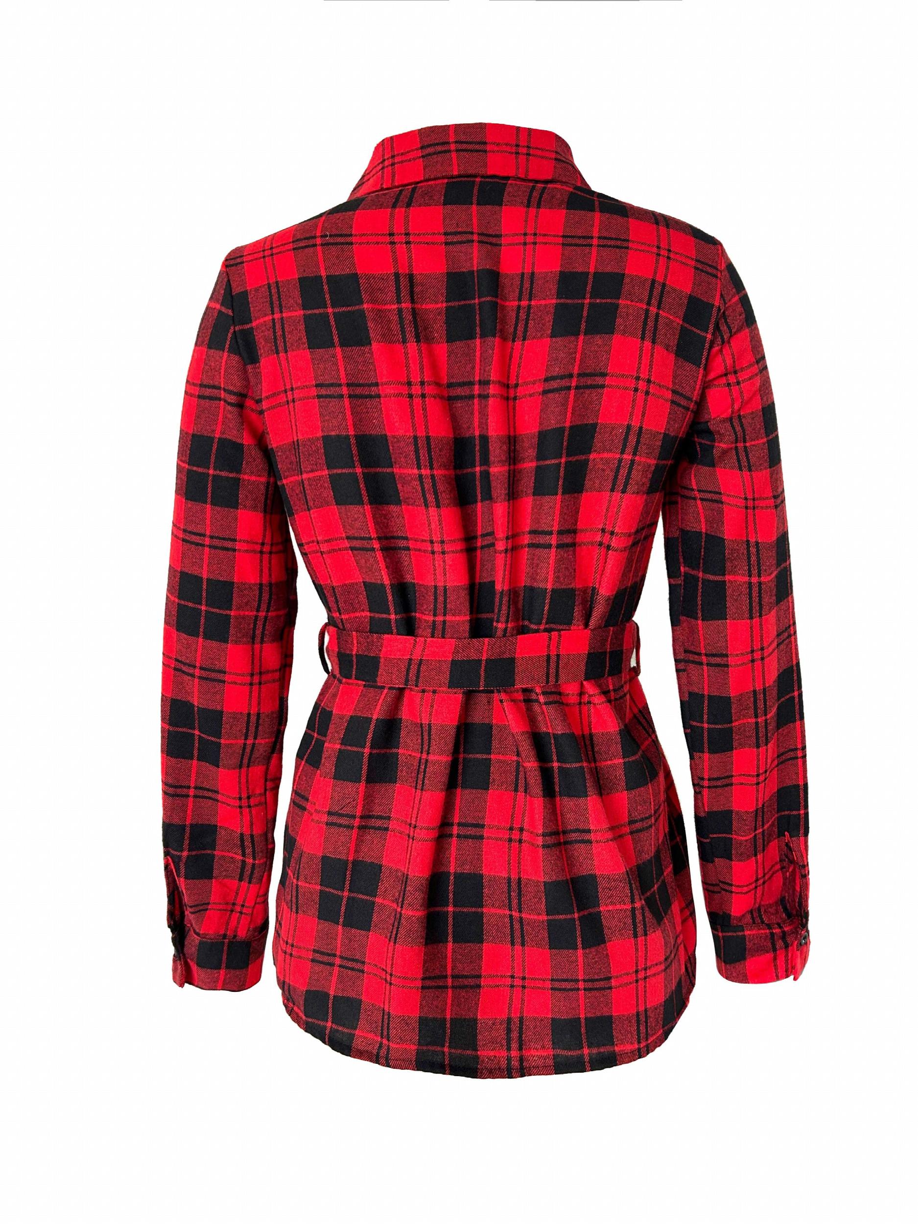  Plaid Print Button Up Long Sleeve Blouse With Belt