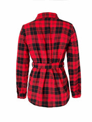  Plaid Print Button Up Long Sleeve Blouse With Belt