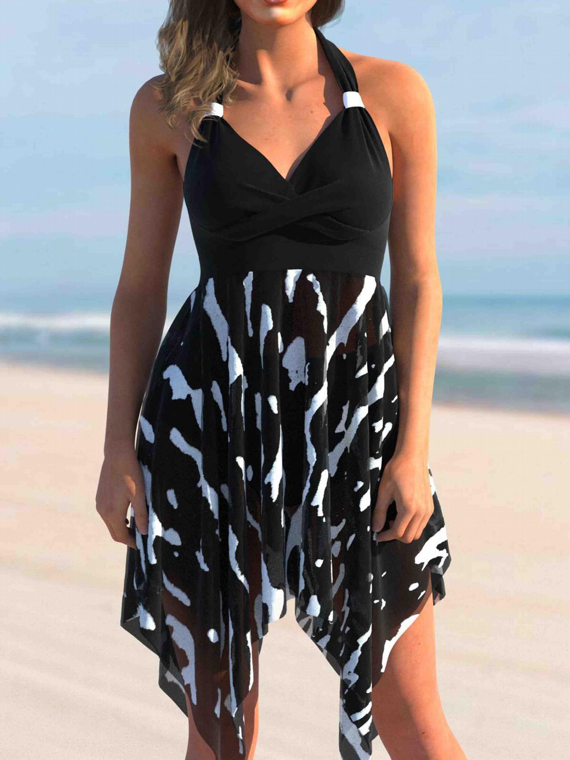  Butterfly Print Tankini Set with Asymmetrical Trim