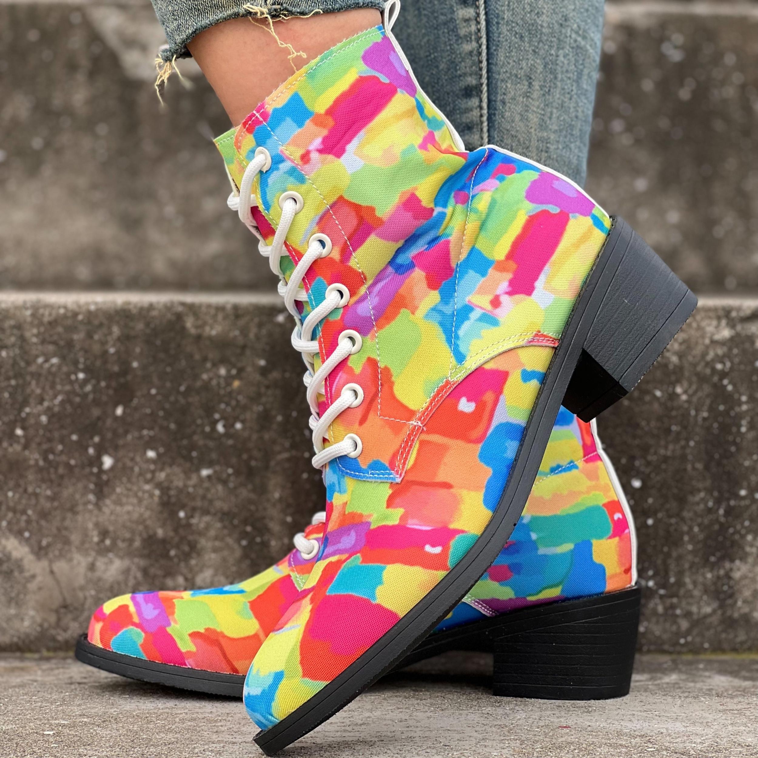 Women's Chunky Heel Lace-Up Canvas Ankle Boots