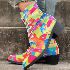 Women's Chunky Heel Lace-Up Canvas Ankle Boots