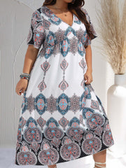 Plus Paisley Print Short Sleeve V Neck Maxi Dress
