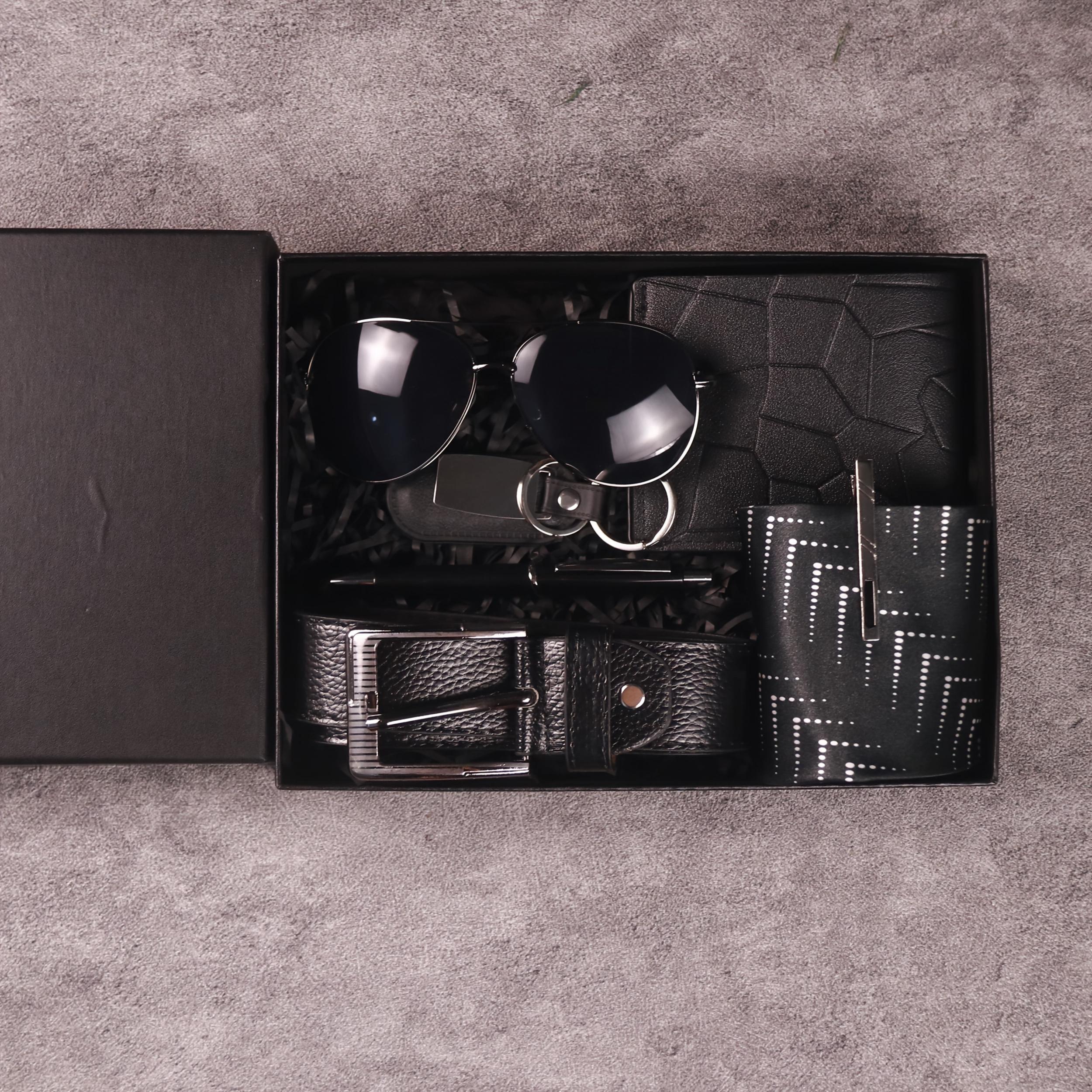 7pcs Men's Gift Set with Box Glasses Wallet Tie Tie Clip Belt